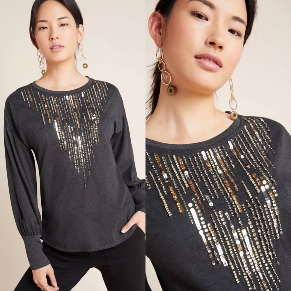 Anthro TINY Chiara Sequined Long Sleeve Top in Charcoal Dark Gray Sz XS